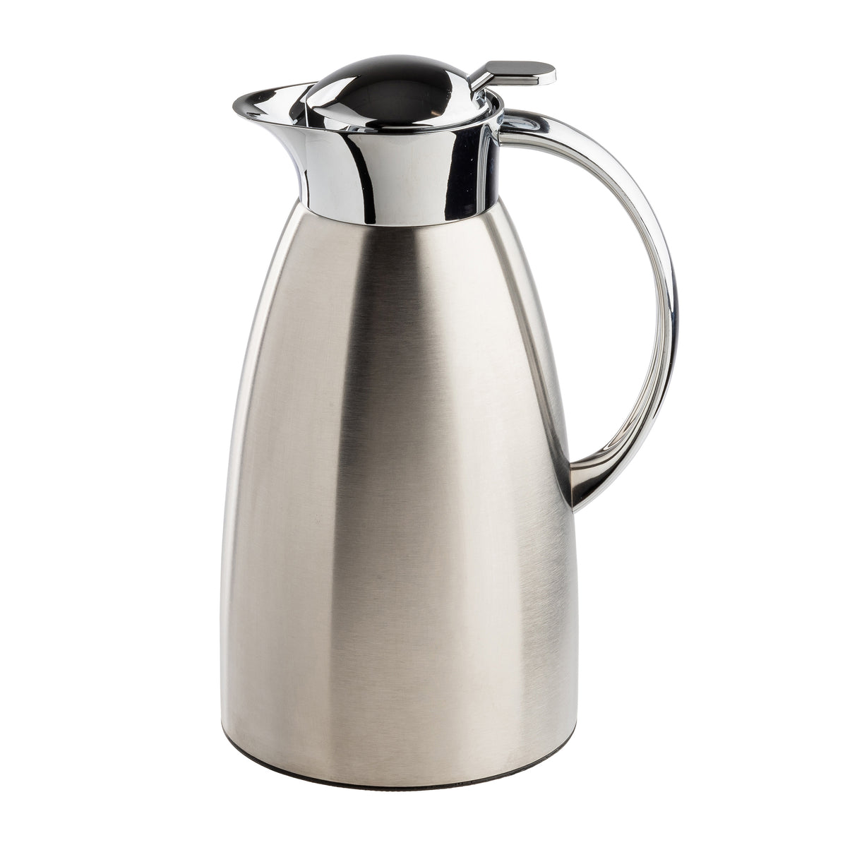 A sleek, modern 68 oz stainless steel coffee carafe with a shiny chrome-finished lid and handle. Its wide base, smooth reflective surface, and convenient spout give it a polished, contemporary look—perfect for serving coffee in style.