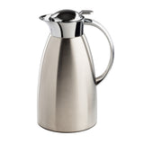 A sleek, modern 68 oz stainless steel coffee carafe with a shiny chrome-finished lid and handle. Its wide base, smooth reflective surface, and convenient spout give it a polished, contemporary look—perfect for serving coffee in style.
