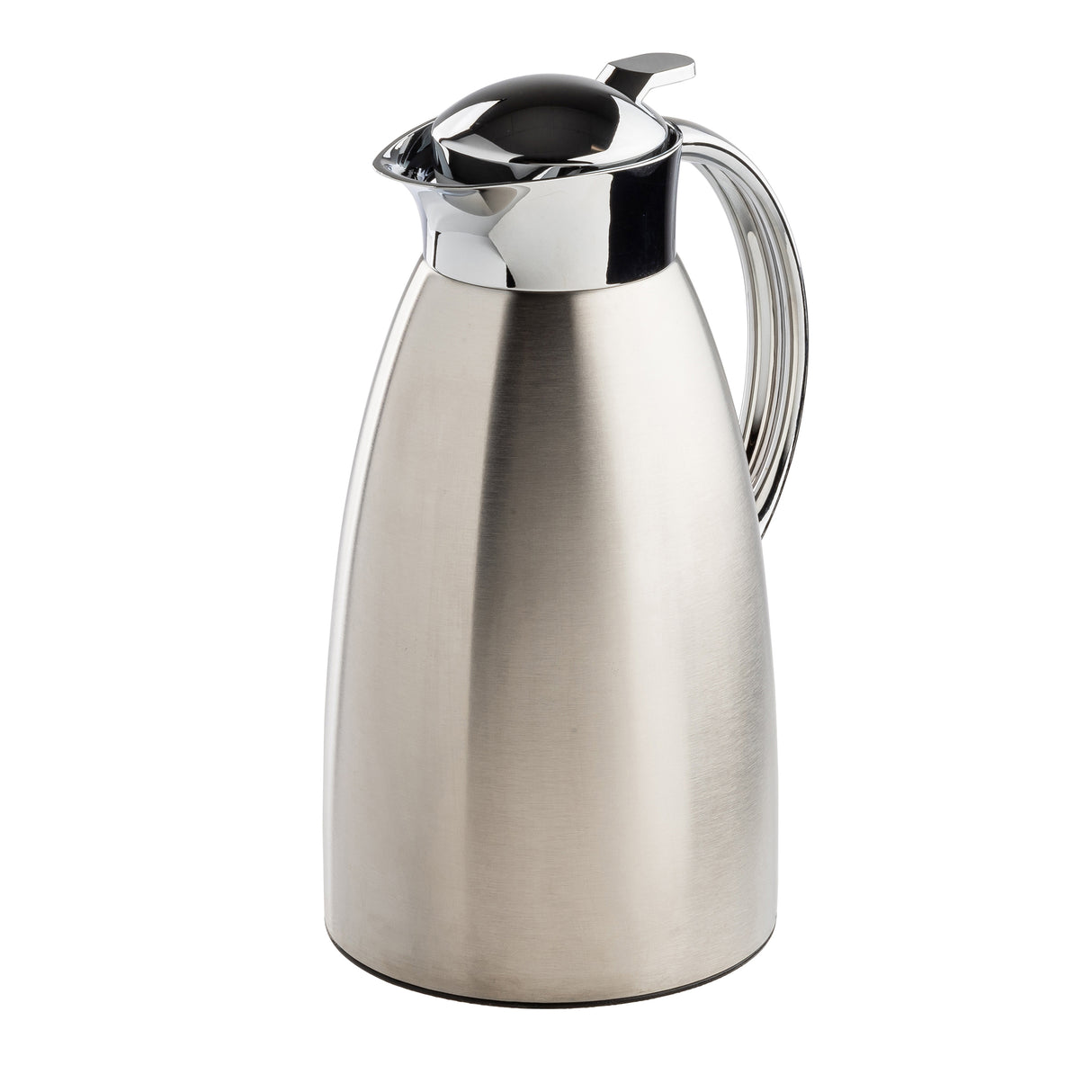 A 68 oz stainless steel coffee carafe with a shiny silver finish, rounded body, and curved handle. The metallic lid features a small spout for pouring. The carafe is isolated on a white background.