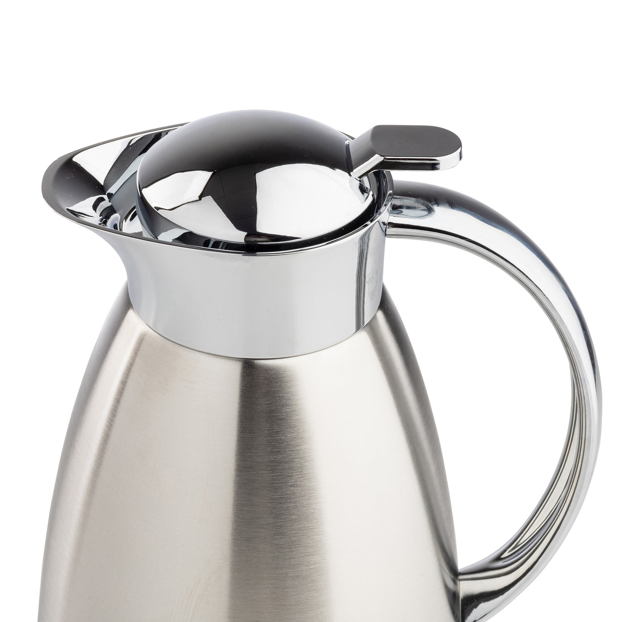 A 68 oz stainless steel coffee carafe with a shiny, rounded chrome lid and curved handle. The lid features a small lever for easy pouring. The carafe has a smooth, brushed metal finish and boasts a modern, sleek design.