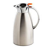 A 68 oz stainless steel coffee carafe with a polished silver finish, black spout, and an orange push button. The handle is attached to the upper side, complementing its rounded, sleek, and modern design.