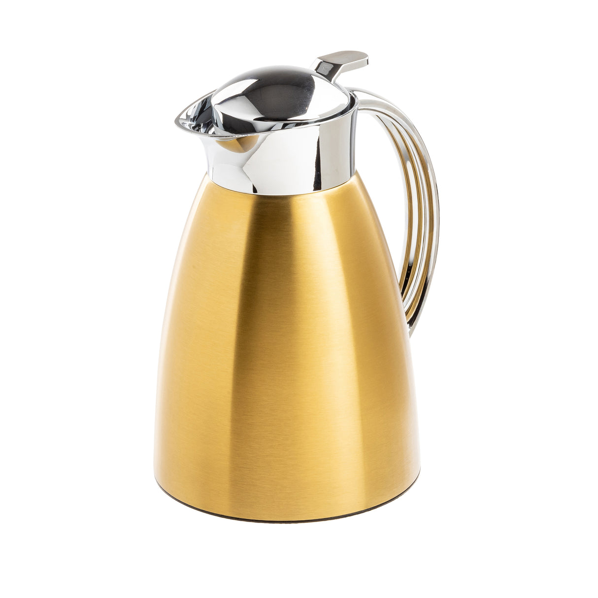 A gold-colored stainless steel coffee carafe with a matte finish, featuring a shiny silver lid and curved handle. The lid has a lever for pouring. This TableCraft carafe is set against a plain white background.