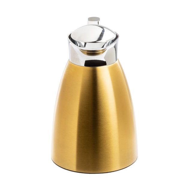 A metallic gold TableCraft coffee carafe with a wide, tapered body and shiny stainless steel lid sits upright on a white background. The lid has a button on top, and the carafe’s surface is smooth and reflective.