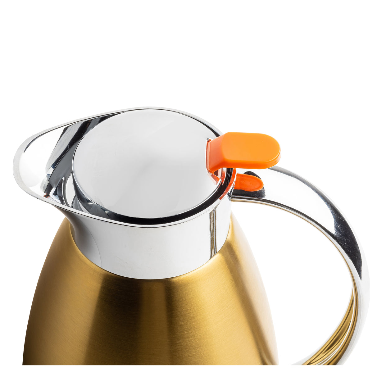 A close-up of a metallic gold TableCraft coffee carafe with a shiny stainless steel lid and handle. The lid features an orange button for opening. The white background makes the carafe's sleek, modern design stand out.