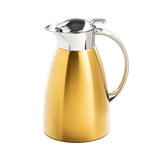 A modern 50 oz coffee carafe featuring a smooth, matte gold stainless steel body with a shiny silver lid and spout. This reflective thermal carafe has a curved handle and sits elegantly on a white background.
