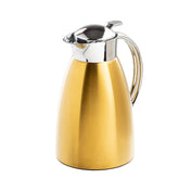 A gold-colored 50 oz coffee carafe with a shiny, stainless steel lid and handle sits on a white background. The carafe features a sleek, modern design with a curved body and spout, plus a lever on the lid for easy pouring.