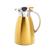 A 50 oz stainless steel coffee carafe with a shiny gold body, silver spout, and handle. The lid and spout are glossy silver, topped with a small orange lever. The carafe sits elegantly on a plain white background.