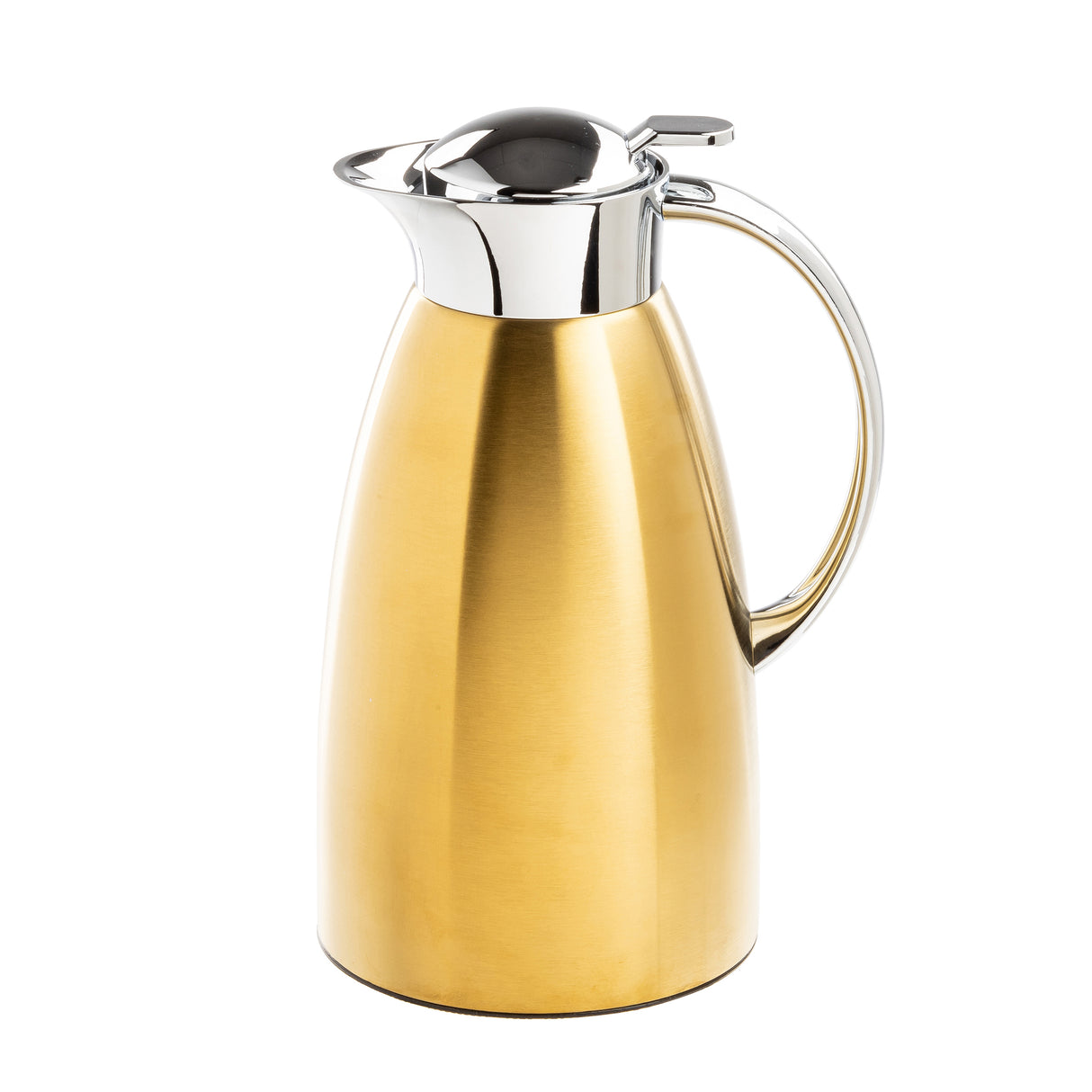 A gold-colored, 68 oz stainless steel coffee carafe with a shiny silver lid, spout, and handle. Its modern design features smooth, curved sides and a reflective surface. The lid has a lever for pouring. The background is white.