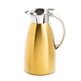 A gold-colored, 68 oz stainless steel coffee carafe with a shiny silver lid, spout, and handle. Its modern design features smooth, curved sides and a reflective surface. The lid has a lever for pouring. The background is white.