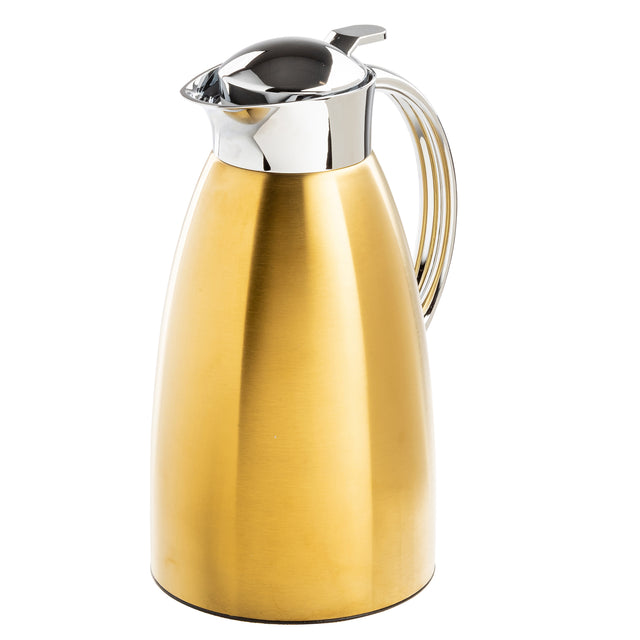 A shiny, gold-colored 68 oz coffee carafe with a polished stainless steel lid and handle. The tapered carafe has a glossy finish, and the curved ridged handle offers grip. The lid features a small spout and an easy-to-use lever for pouring.