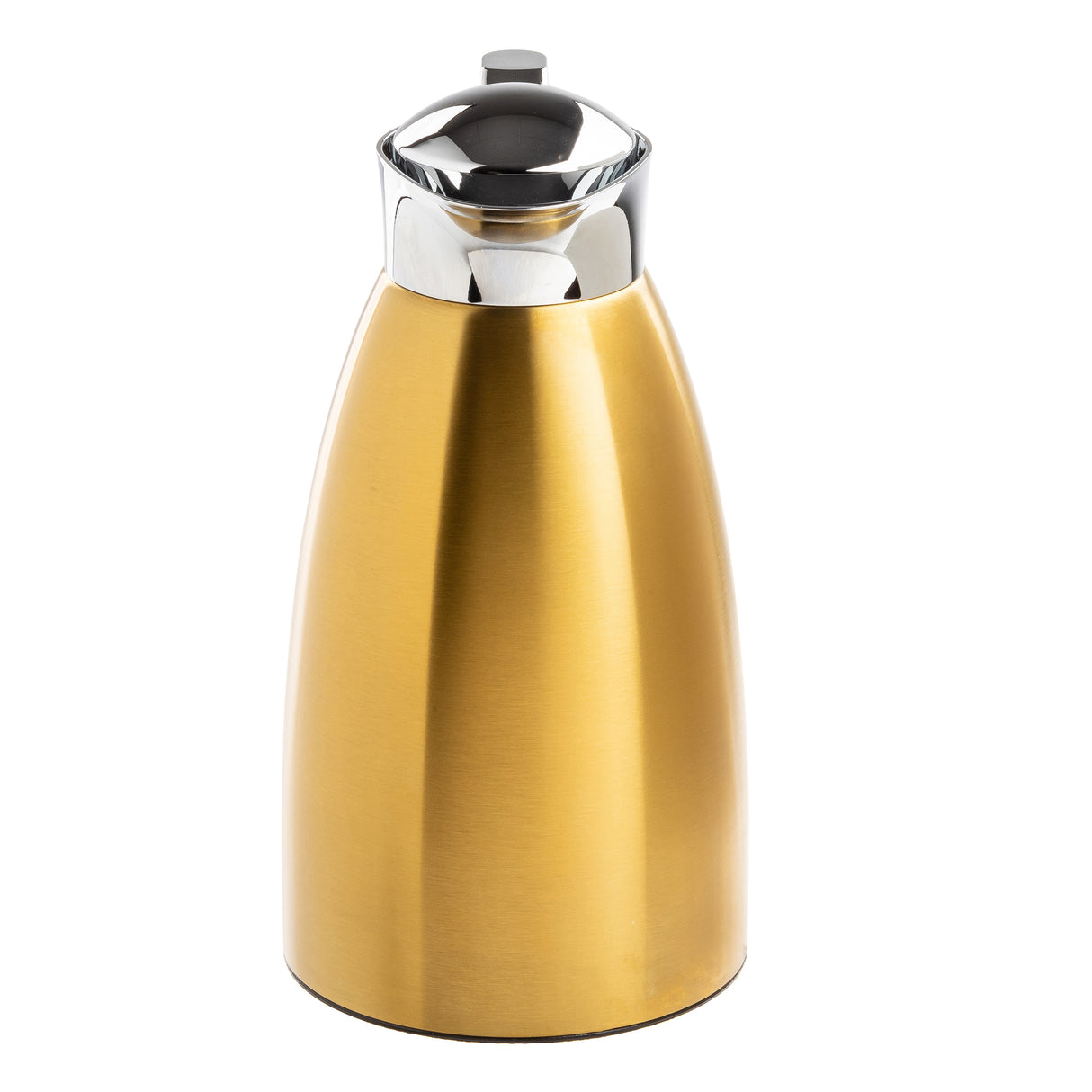 A gold stainless steel coffee carafe with a shiny silver lid and spout, photographed against a white background. This 68 oz thermal carafe features a sleek, modern design with a smooth, reflective surface and a rounded, slightly tapered shape.