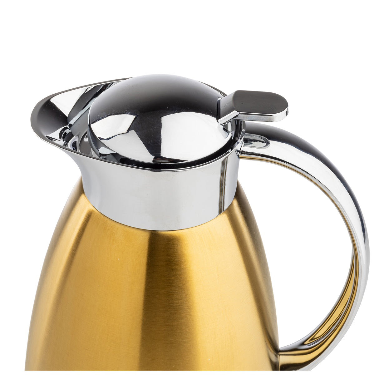 A close-up of a metallic gold coffee carafe with a shiny stainless steel handle and lid. The 68 oz thermos features a lever for opening and boasts a smooth, reflective surface on both the handle and lid. The background is plain white.