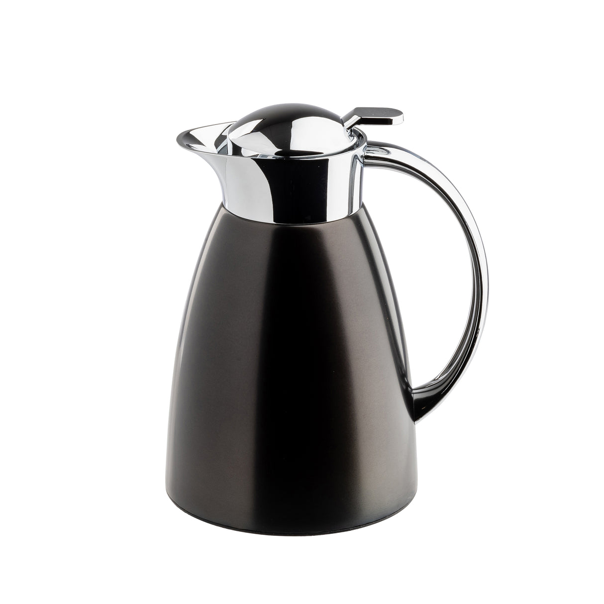 A sleek, matte black TableCraft coffee carafe with a shiny stainless steel lid and spout. The thermos features a smooth, curved body and a large handle, set against a plain white background for striking contrast.