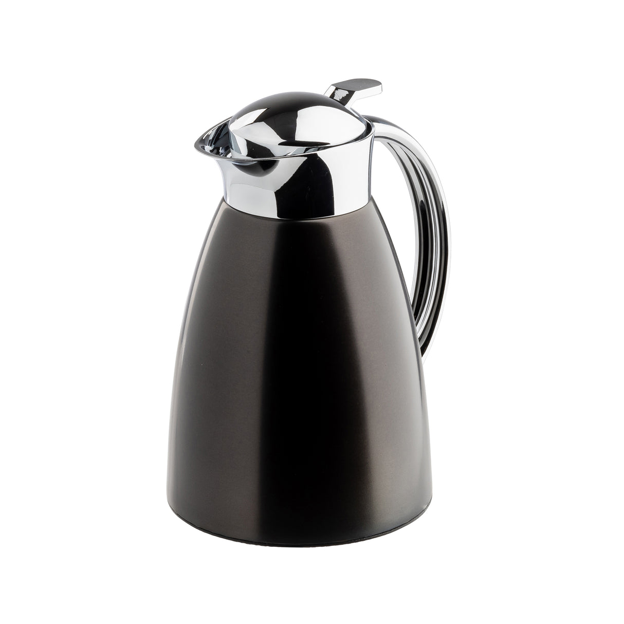 The TableCraft coffee carafe features a sleek, stainless steel body with a matte black finish and shiny silver lid, spout, and handle. Its modern, tapered design makes it a stylish addition to any tabletop.