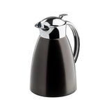 The TableCraft coffee carafe features a sleek, stainless steel body with a matte black finish and shiny silver lid, spout, and handle. Its modern, tapered design makes it a stylish addition to any tabletop.