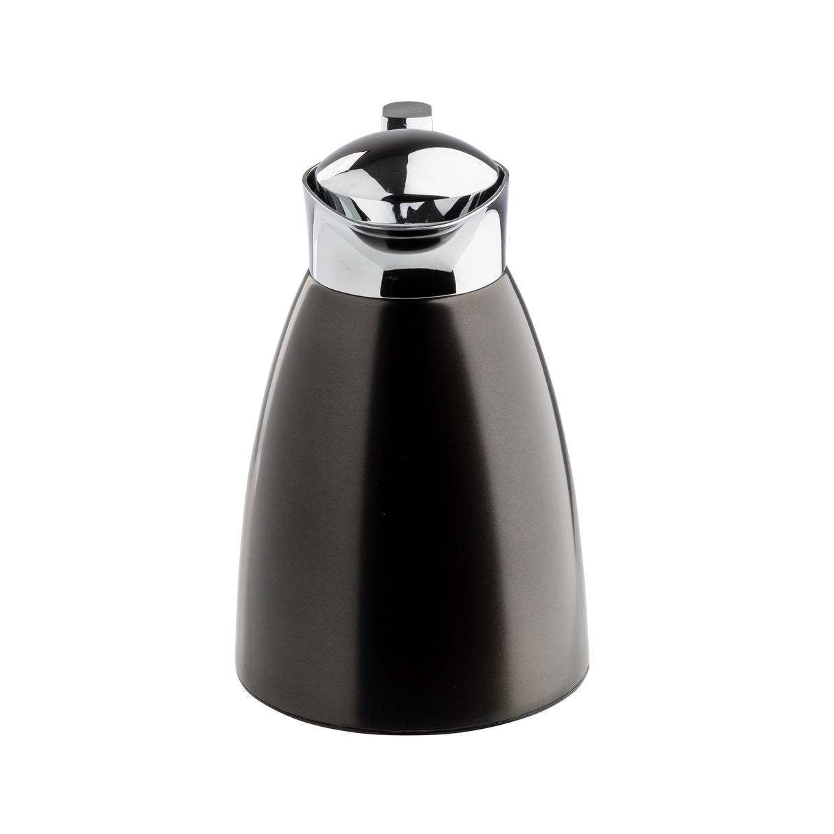 A sleek, matte black TableCraft coffee carafe with a shiny stainless steel chrome lid and spout is shown against a plain white background. The modern, tapered carafe features a button on top for easy pouring.