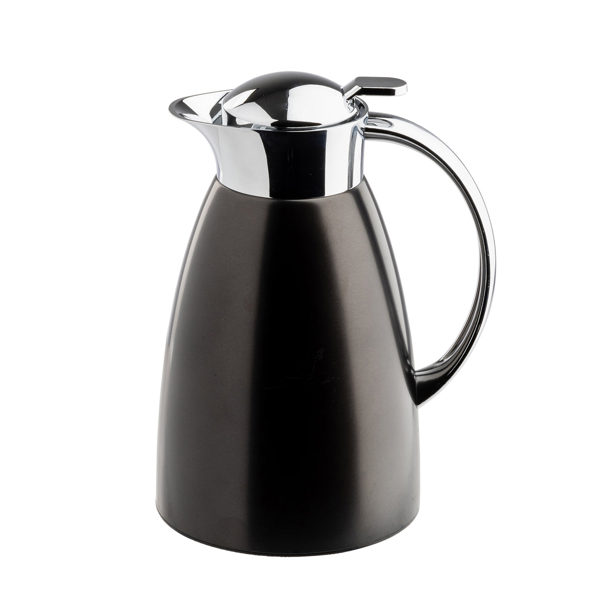 A sleek, modern 50 oz coffee carafe with a shiny stainless steel lid and handle. The matte black body has a slightly conical shape, widening towards the base. The spout allows easy pouring, and the lid features a small tab for opening.