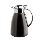 A sleek, modern 50 oz coffee carafe with a shiny stainless steel lid and handle. The matte black body has a slightly conical shape, widening towards the base. The spout allows easy pouring, and the lid features a small tab for opening.