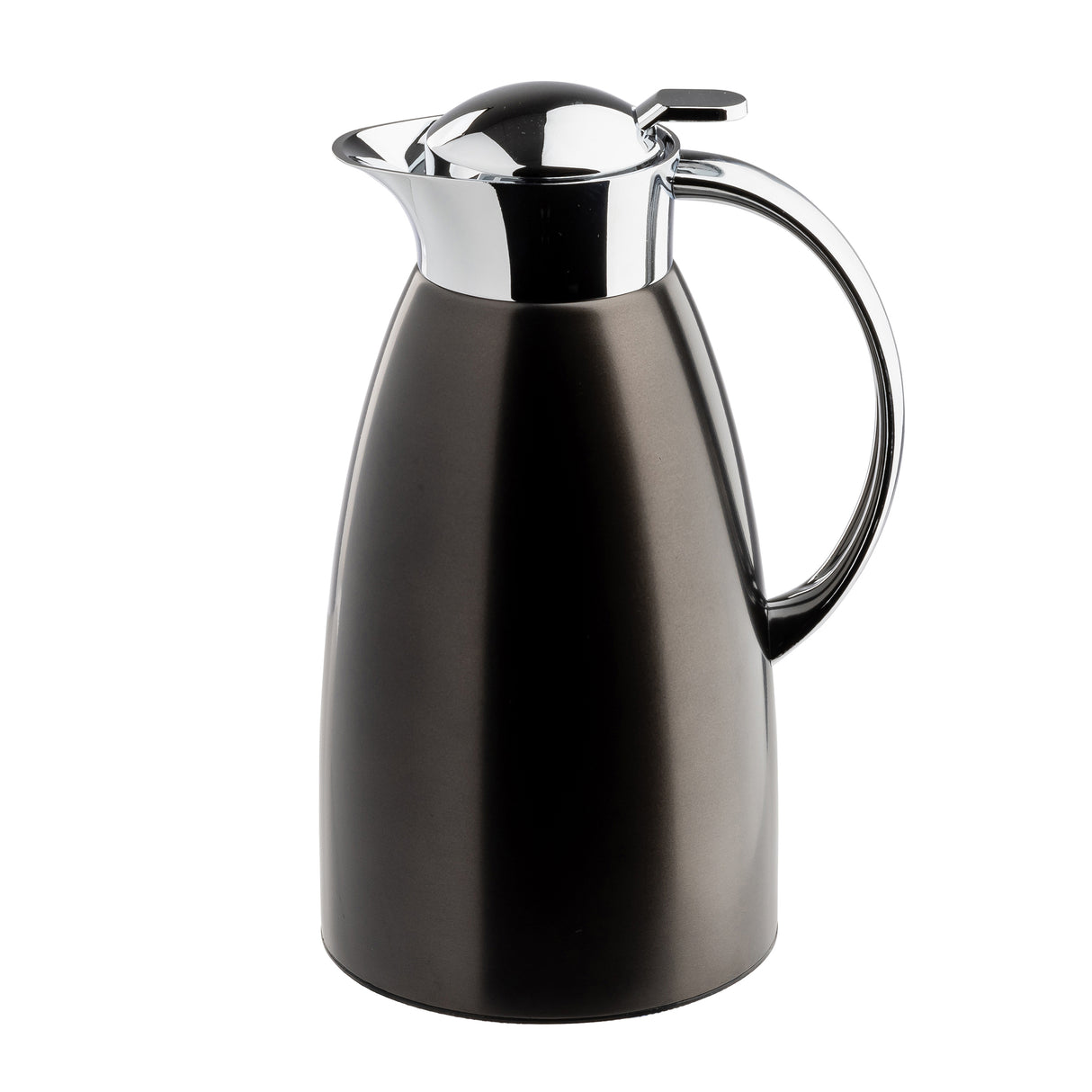 A shiny stainless steel coffee carafe by TableCraft with a black matte body and polished silver lid and handle. The carafe features a sleek, modern design and curved spout for pouring, set against a plain white background.