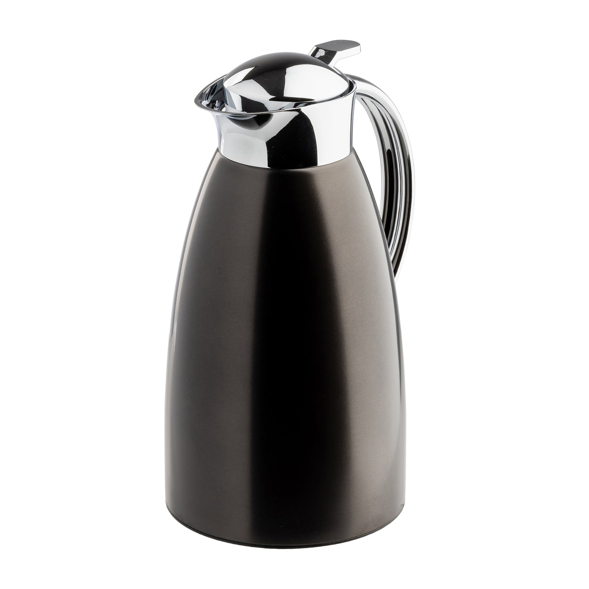 A sleek, 68 oz stainless steel coffee carafe with a matte black body and shiny silver lid and handle. The elegantly curved handle and spouted lid combine style with practicality. The carafe is displayed on a white background.