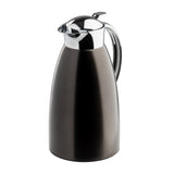 A sleek, 68 oz stainless steel coffee carafe with a matte black body and shiny silver lid and handle. The elegantly curved handle and spouted lid combine style with practicality. The carafe is displayed on a white background.