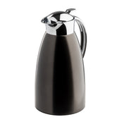 A sleek, 68 oz stainless steel coffee carafe with a matte black body and shiny silver lid and handle. The elegantly curved handle and spouted lid combine style with practicality. The carafe is displayed on a white background.