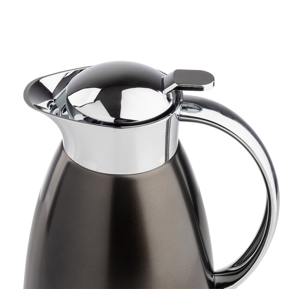 A close-up of a modern, 68 oz stainless steel coffee carafe with a shiny chrome lid and handle. The matte dark gray body contrasts with the reflective curved handle, while the lid features a convenient lever for easy pouring.