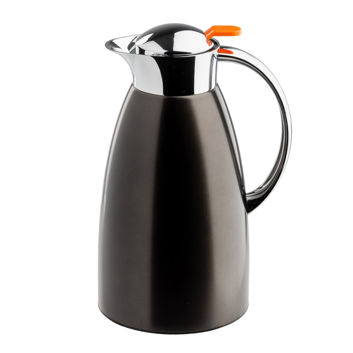 A sleek, 68 oz stainless steel coffee carafe with a glossy black body, silver spout and lid, an orange lever on top, and a curved handle, isolated on a white background.