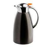 A sleek, 68 oz stainless steel coffee carafe with a glossy black body, silver spout and lid, an orange lever on top, and a curved handle, isolated on a white background.