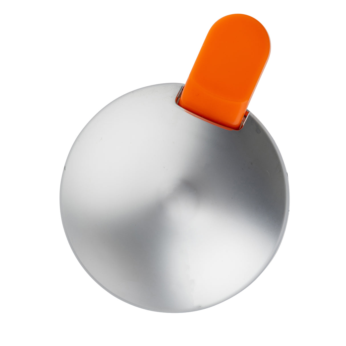 Top view of a round, chrome plated Decaf lid with a small, bright orange handle attached to one edge. The smooth, reflective surface stands out against the plain white background—perfect for use with TableCraft products.