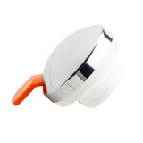 A shiny, round chrome plated metal Decaf lid with a white plastic base and an orange, flat lever handle extending from the side, shown against a white background. The lid appears to be part of a TableCraft dispensing or sealing mechanism.