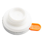 A white plastic bottle cap with threading, viewed from above, features a flat circular top and chrome plated silver edge. An attached bright orange pull-tab extends from the cap for easy opening. The background is plain and white.