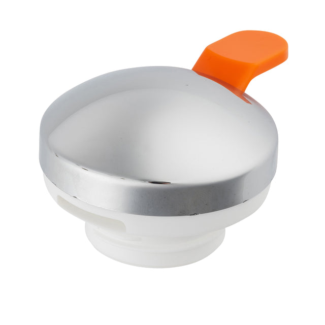 A shiny, round, chrome plated silver and white plastic cap with a small, flat, orange lever attached to one side. This TableCraft decaf lid features a smooth surface and a threaded base, suggesting it is designed to screw onto a container or bottle.