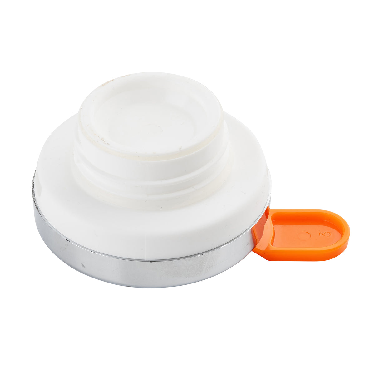 A white, round plastic Decaf lid with a chrome plated silver rim and an attached orange pull-tab marked with the number 2. The cap, likely from TableCraft, is lying on a white background with the pull-tab positioned to the right side.