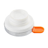 A white, round plastic Decaf lid with a chrome plated silver rim and an attached orange pull-tab marked with the number 2. The cap, likely from TableCraft, is lying on a white background with the pull-tab positioned to the right side.