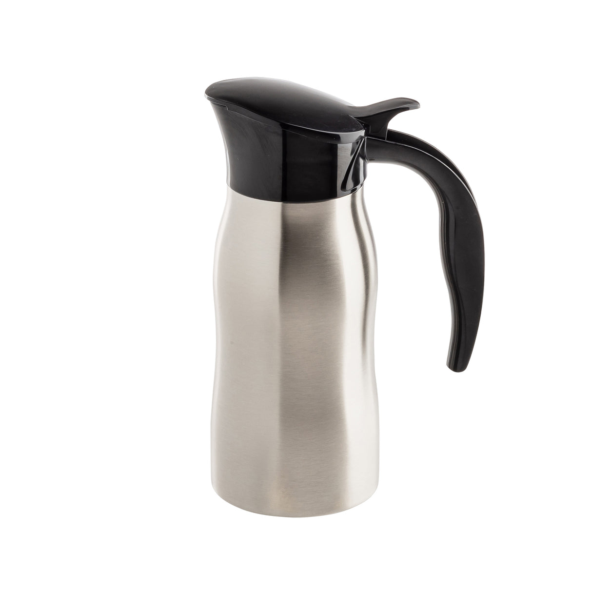A TableCraft stainless steel thermal carafe with a curved body, black plastic lid, and ergonomic black handle, photographed on a plain white background. Ideal for serving coffee creamer, it features a spout and boasts a sleek, modern design.