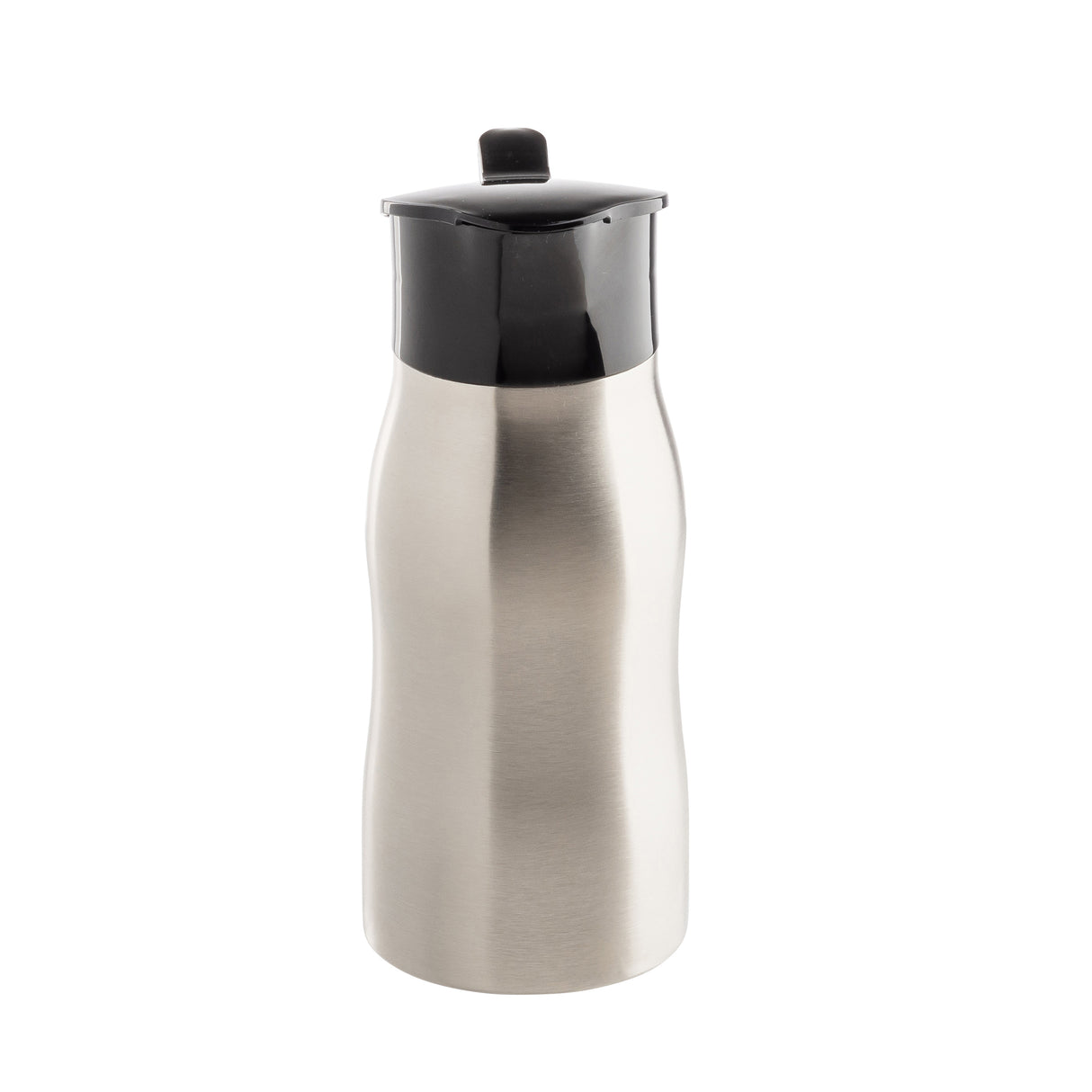 A TableCraft stainless steel water bottle with a slightly curved body and a black plastic flip-top lid, shown standing upright on a white background.