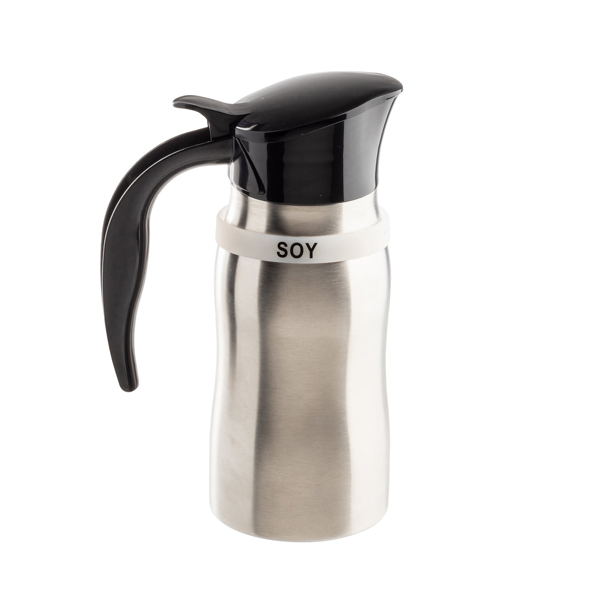 A stainless steel TableCraft carafe with a black plastic handle and lid, featuring a white band labeled SOY near the neck. This versatile container, similar to a coffee creamer, is designed for serving soy sauce against a plain white background.