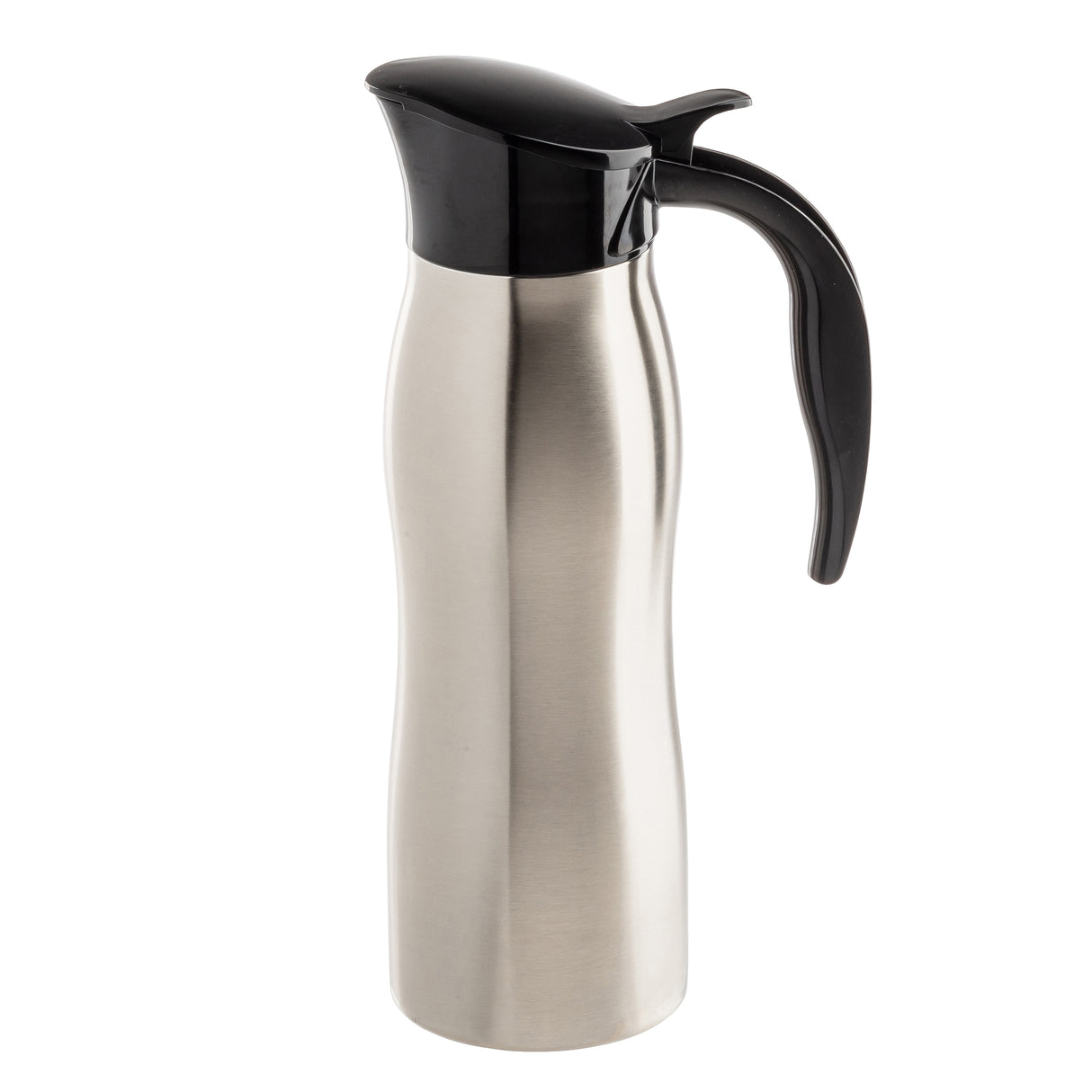 A stainless steel thermal carafe with a curved body, black plastic spout, and handle. Perfect as a TableCraft coffee creamer server, its lid features a top lever for pouring. The carafe is shown against a plain white background.