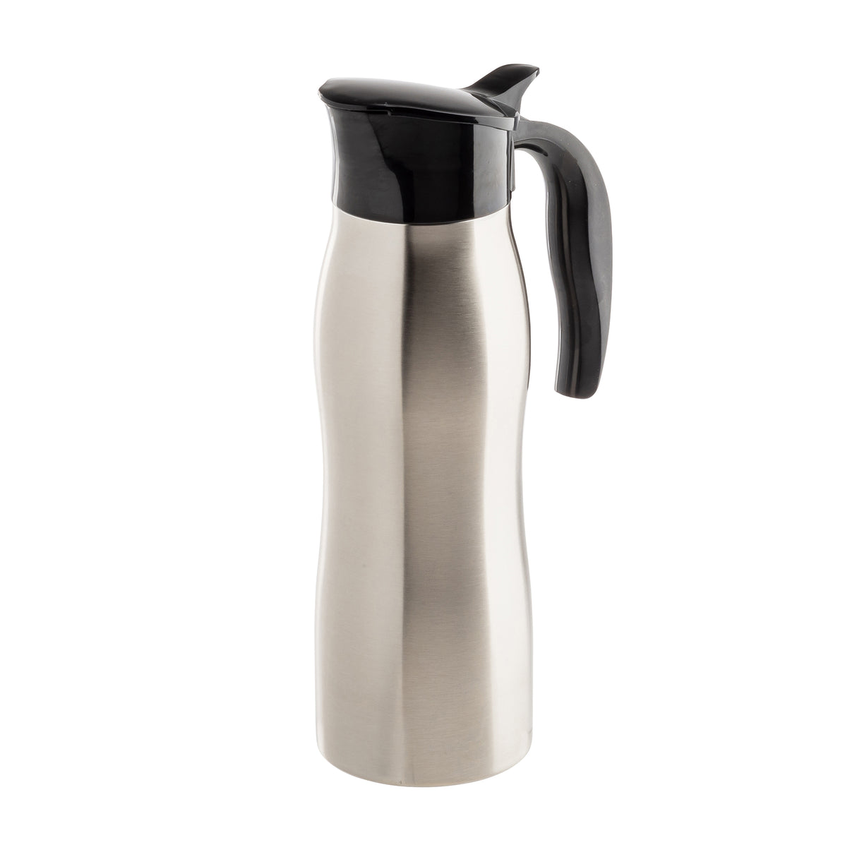 A stainless steel TableCraft thermal carafe with a sleek, curved body, black plastic lid, and large handle. Perfect for serving coffee creamer, it stands upright on a white background with a brushed metal finish.