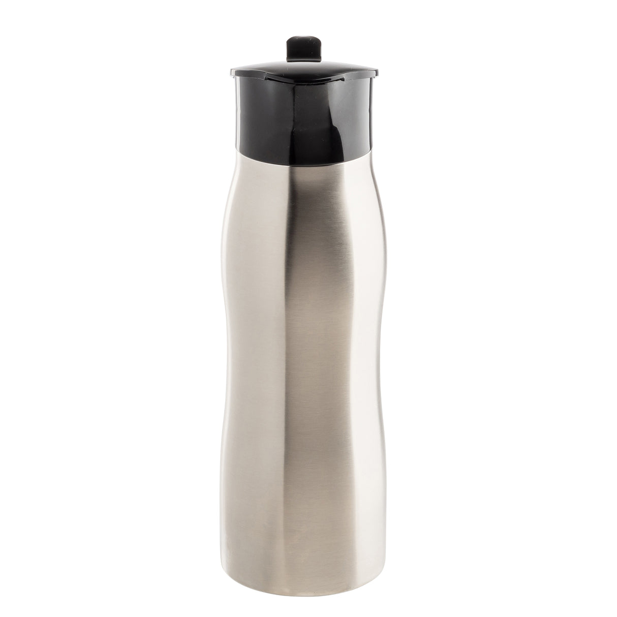 A TableCraft stainless steel water bottle with a smooth, brushed metal finish and a slight curve in the middle. It features a black plastic screw-on lid with a small flip-top spout, reminiscent of a sleek coffee creamer design.