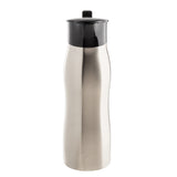 A TableCraft stainless steel water bottle with a smooth, brushed metal finish and a slight curve in the middle. It features a black plastic screw-on lid with a small flip-top spout, reminiscent of a sleek coffee creamer design.