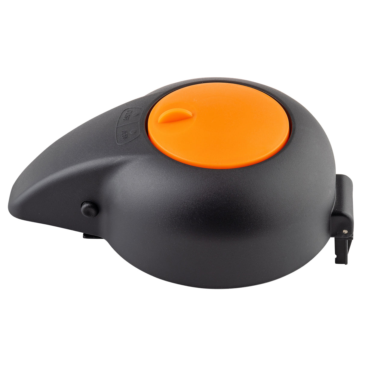 A black, rounded retractable tape measure housing with an orange push insert on top and a small black clip on one side. The surface is smooth, and there are subtle markings near the orange button.