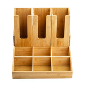 A coated bamboo organizer with three tall vertical slots in the back for files or magazines and six smaller compartments in front for office supplies, stationery, or even as a coffee condiment organizer. Visible wood grain adds a natural, minimalist look.