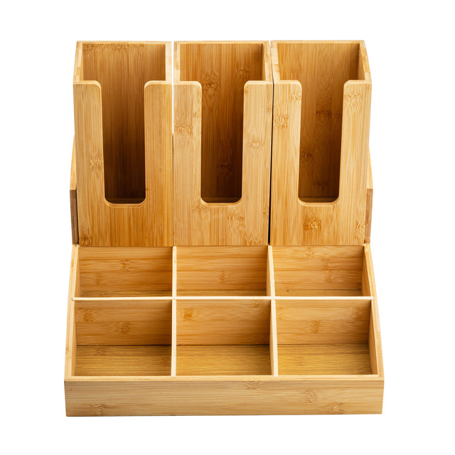 A coated bamboo organizer with three tall vertical slots in the back for files or magazines and six smaller compartments in front for office supplies, stationery, or even as a coffee condiment organizer. Visible wood grain adds a natural, minimalist look.