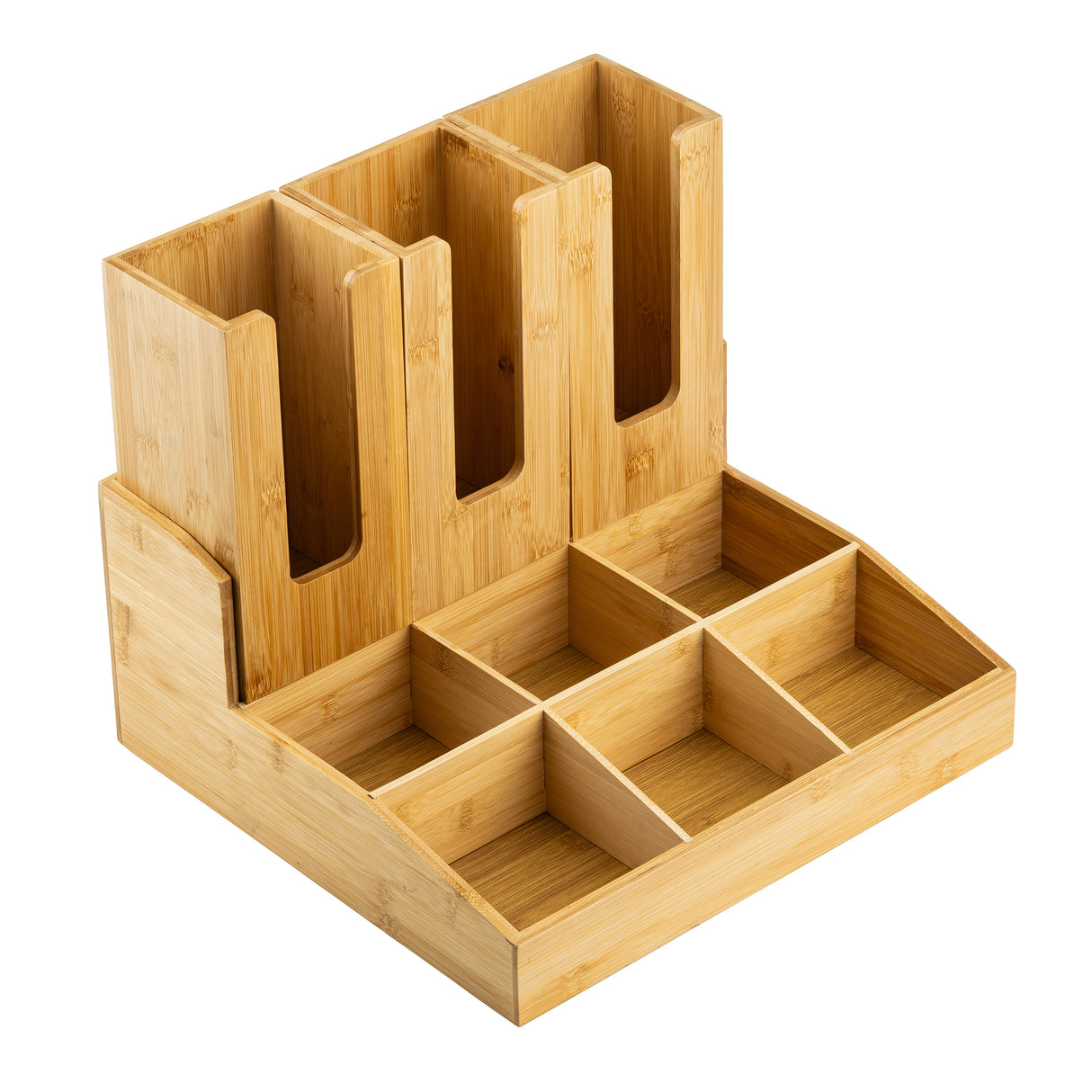 A coated bamboo organizer featuring four tall, vertical slots at the back and six rectangular compartments at the front—perfect as a coffee condiment organizer or for sorting papers, mail, office supplies, or cup lid holders. The wood has a smooth, natural finish.