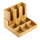 A coated bamboo organizer featuring four tall, vertical slots at the back and six rectangular compartments at the front—perfect as a coffee condiment organizer or for sorting papers, mail, office supplies, or cup lid holders. The wood has a smooth, natural finish.