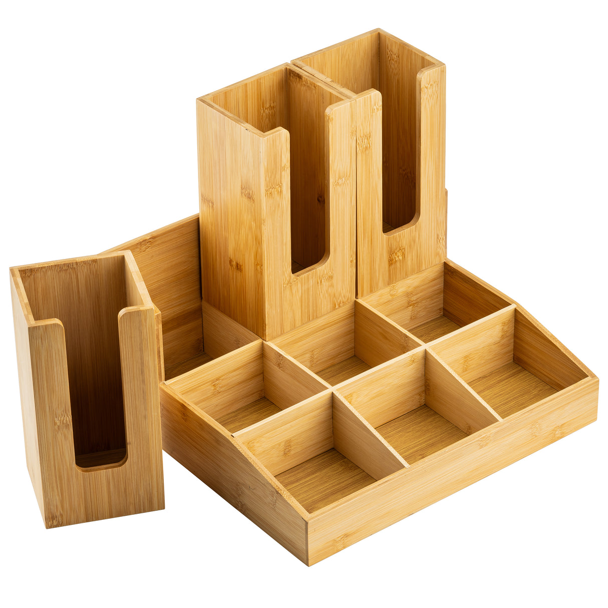 A set of coated bamboo desk organizers, featuring a main tray with six compartments and three standing containers—perfect for holding pens, scissors, notepads, or even as a stylish coffee condiment organizer. Smooth natural wood finish adds elegance.