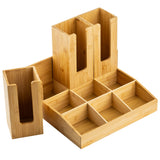 A set of coated bamboo desk organizers, featuring a main tray with six compartments and three standing containers—perfect for holding pens, scissors, notepads, or even as a stylish coffee condiment organizer. Smooth natural wood finish adds elegance.