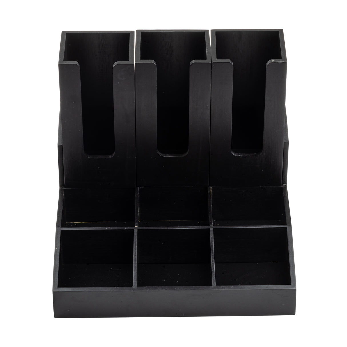 A black painted bamboo organizer with three tall vertical slots at the back and six smaller compartments at the front, perfect as a Coffee Condiment Organizer or for holding mail, stationery, or office supplies in style.